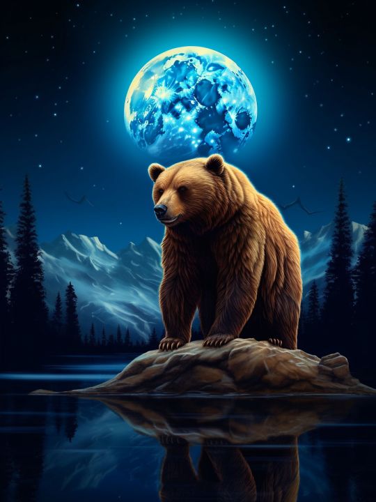 Алмазная мозаика без подрамника «Мишка под луной» 90x70 см, 46 цветов