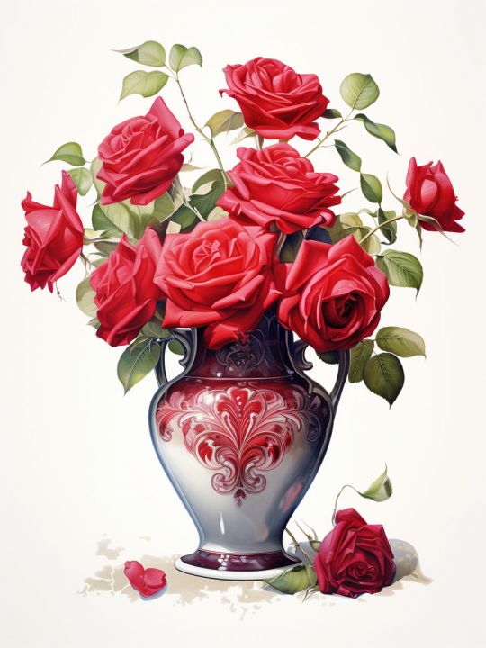 Алмазная мозаика без подрамника «Розы в вазе» 50x40 см, 50 цветов