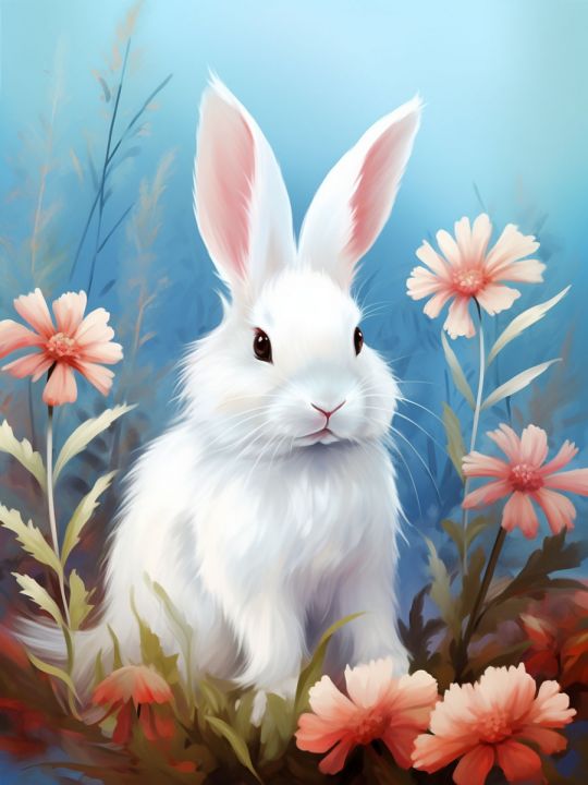 Алмазная мозаика на подрамнике «Кролик и цветочки» 50x40 см, 50 цветов