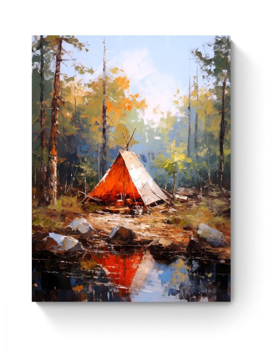 Картина интерьерная на подрамнике «Палатка в лесу» холст 70 x 50 см