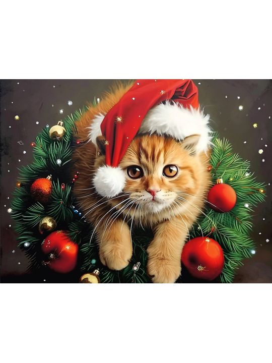 Алмазная мозаика на подрамнике «Рождественский кот» 50x40 см, 43 цветов