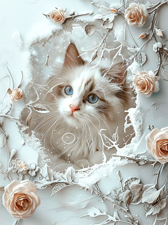 Алмазная мозаика без подрамника «Кот за стеной» 50x40 см, 50 цветов