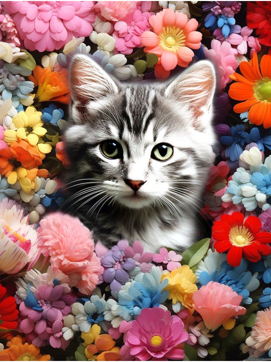 Алмазная мозаика без подрамника «Кот в цветах» 40x30 см, 50 цветов