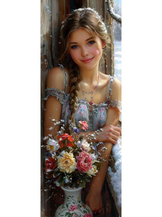 Алмазная мозаика на подрамнике «Девушка с цветами» 70x24 см, 48 цветов