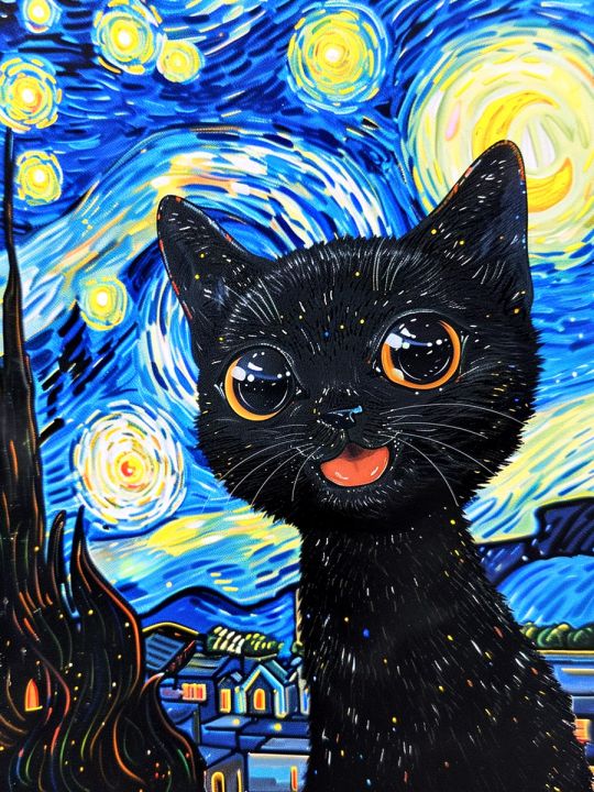 Алмазная мозаика без подрамника «Кот Ван Гога» 25x20 см, 40 цветов