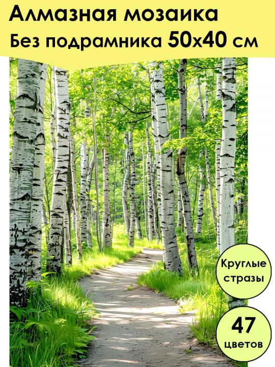 Алмазная мозаика без подрамника «Березовая роща» 50x40 см, 47 цветов