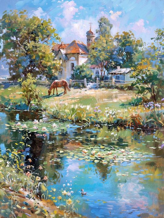 Алмазная мозаика без подрамника «Лето в деревне» 25x20 см, 40 цветов