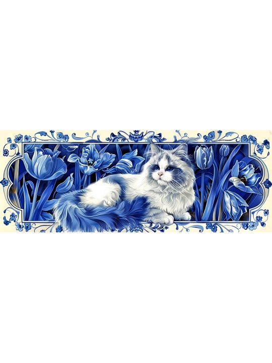 Алмазная мозаика без подрамника «Кот гжель» 100x35 см