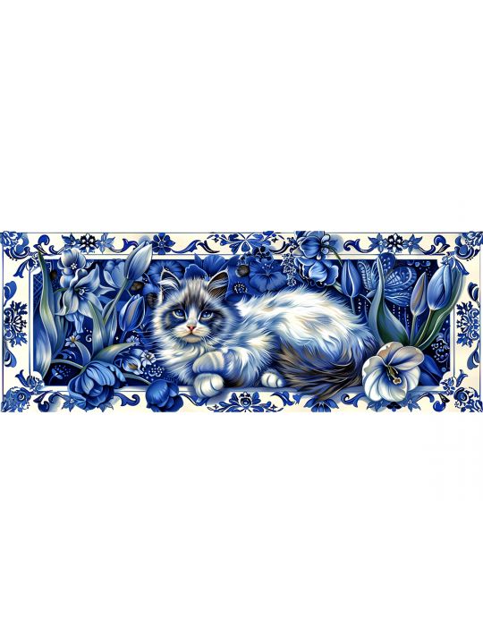 Алмазная мозаика без подрамника «Кот гжель» 50x17 см, 46 цветов