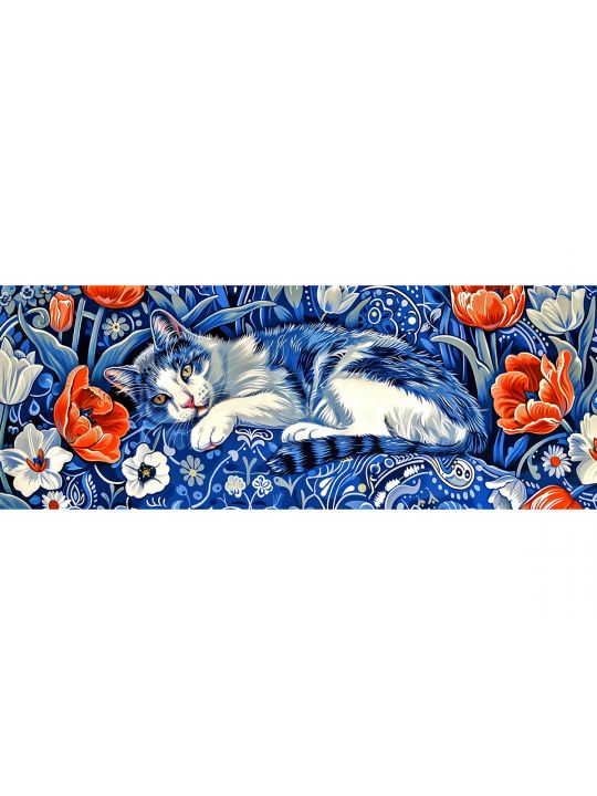 Алмазная мозаика без подрамника «Кот гжель» 50x17 см, 50 цветов