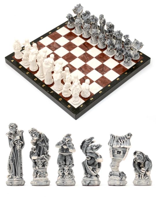 Шахматы каменные «Русские сказки» тёмно-бордовая доска 38x38 см