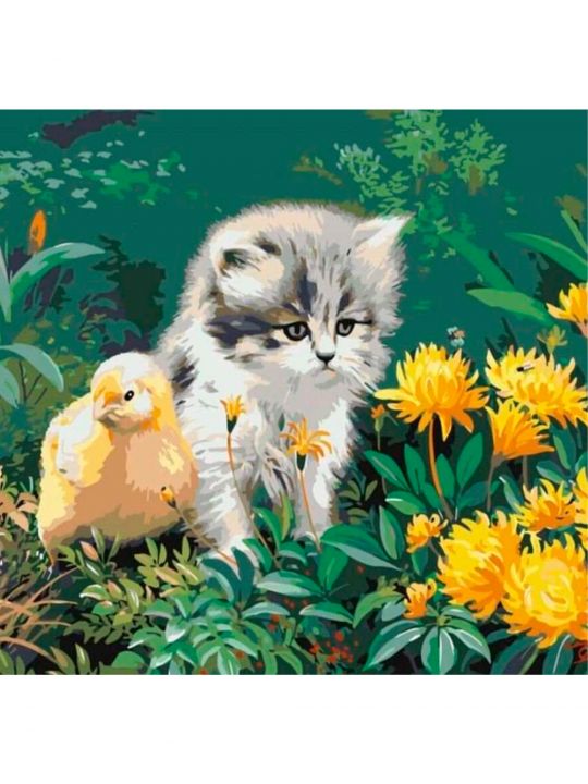 Картина по номерам «Котёнок и цыплёнок» 